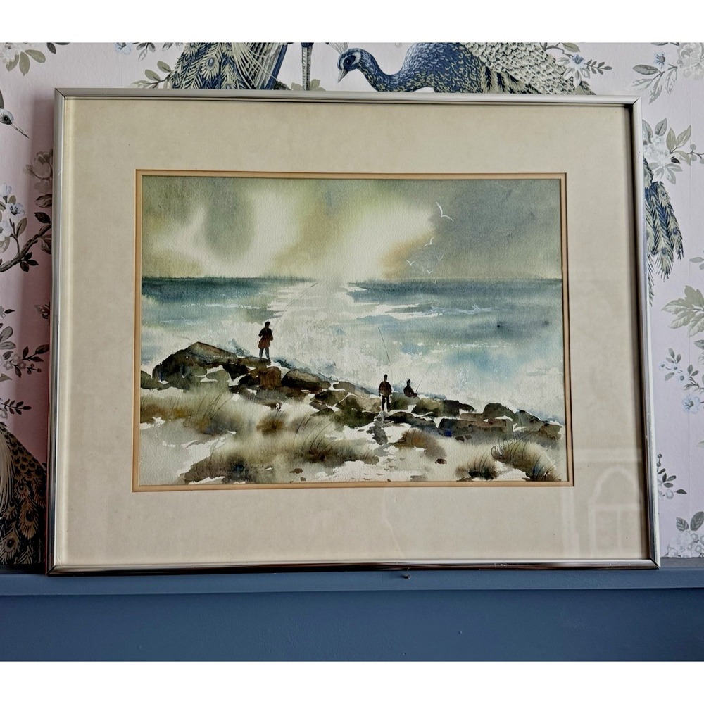 Original Signed Aiko Coastal Watercolor Painting Fishermen Seascape Framed 20x16